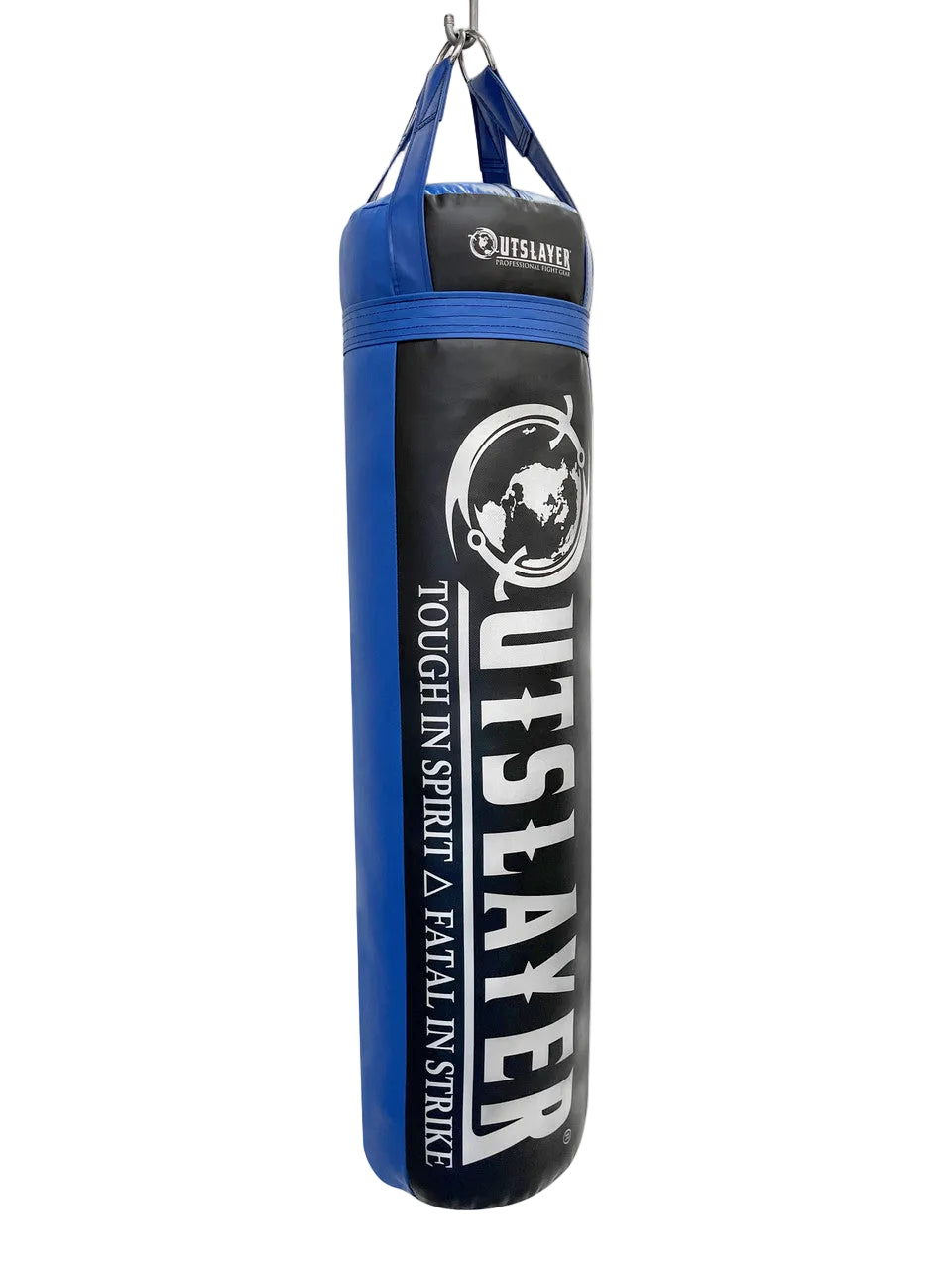Blue and black punching bag with 'Outsayer' branding on a white background