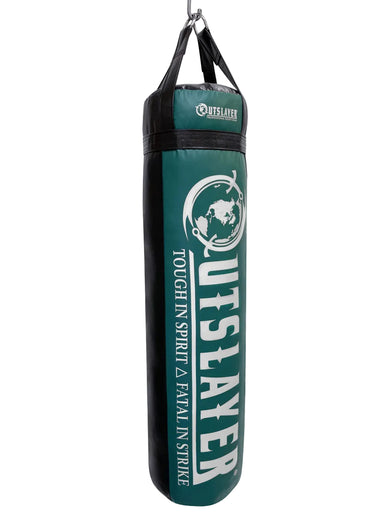 Green and black punching bag with 'Outslayer' branding on a white background