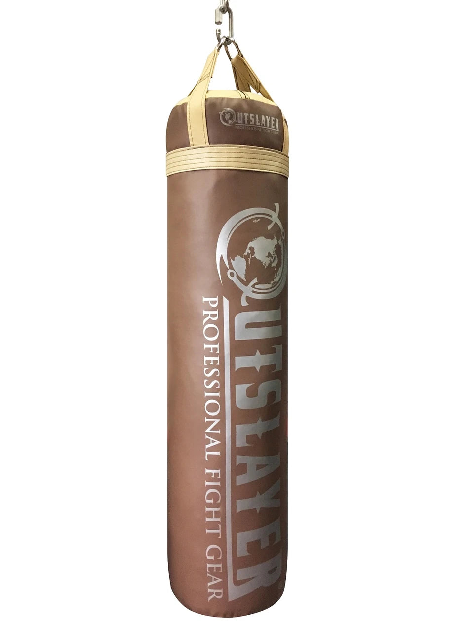 Brown punching bag with beige strap on a white background, featuring 'Outsayer' branding.