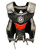 Black and gray protective vest with red accents on a white background