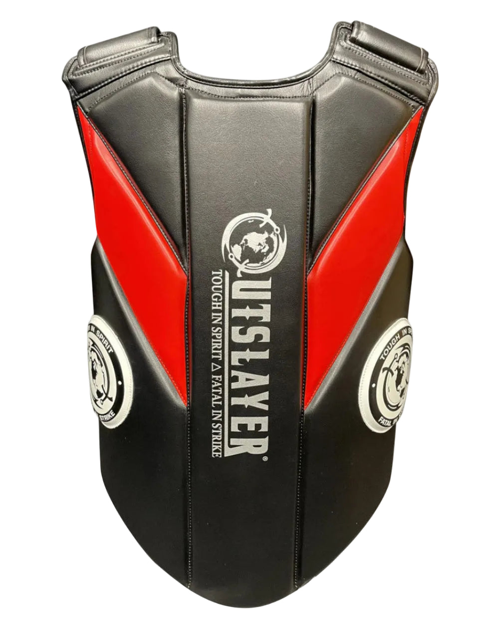 Black and red protective vest with 'Outslayer' branding on a white background
