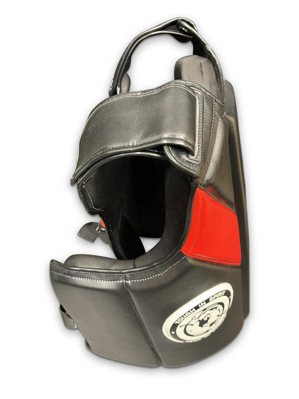 Motorcycle helmet with a red interior on a white background
