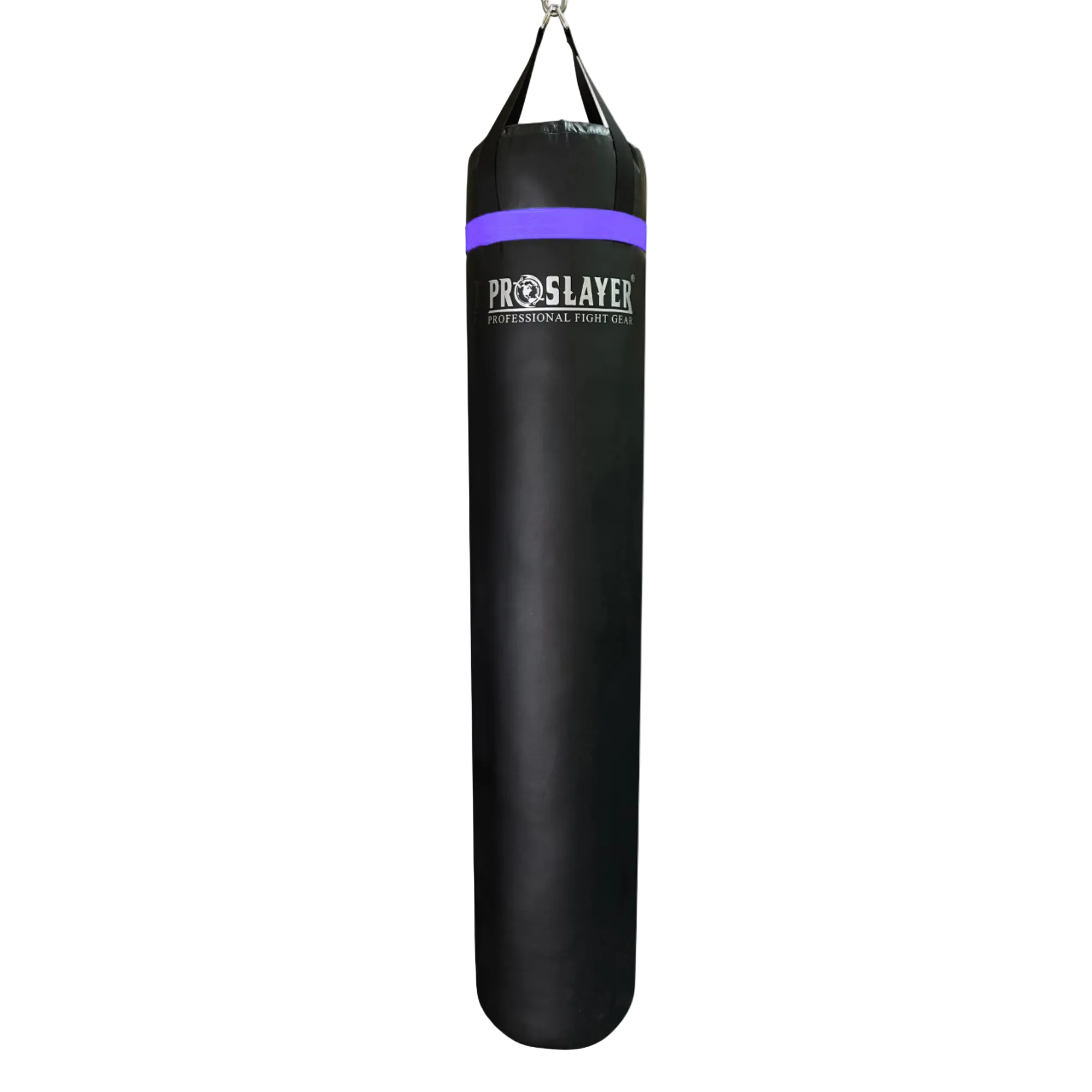A black heavy punching bag with a purple band and white 'PROSLAYER' branding, suspended against a plain white background.