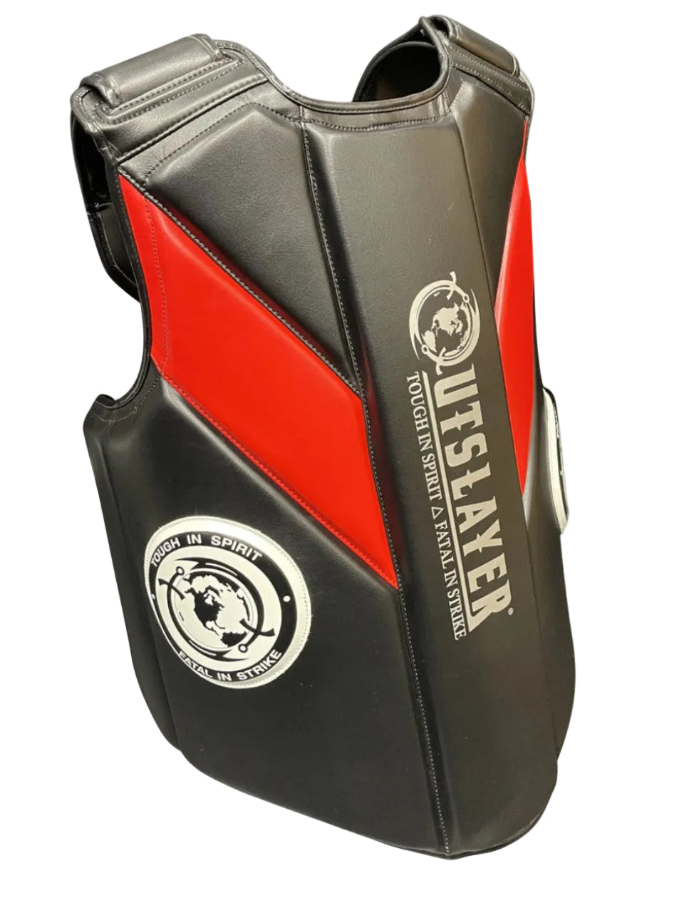 Black and boxing body protector with 'Outslayer' branding on a white background