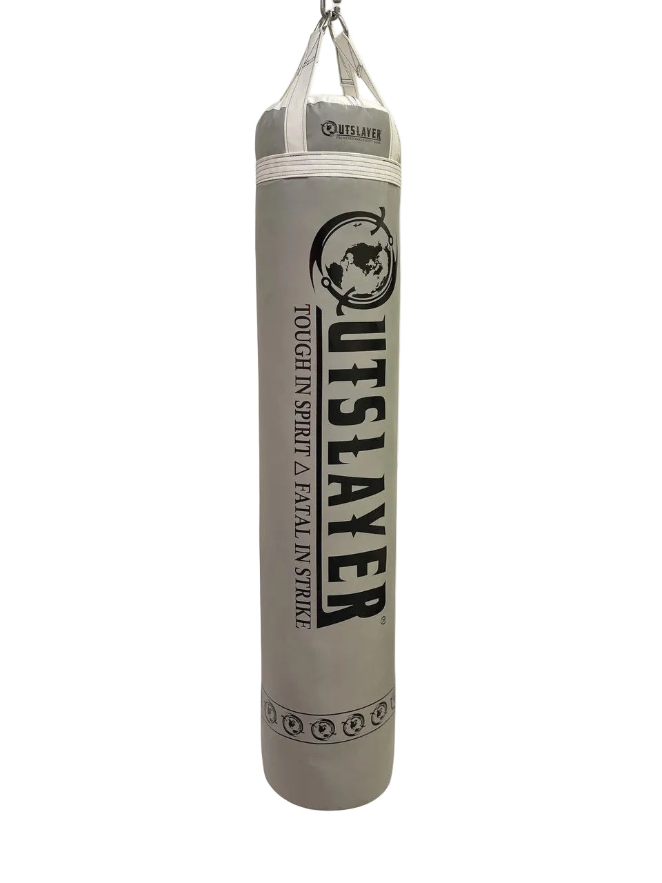 Filled punching bag with 'Outslayer' branding on a white background
