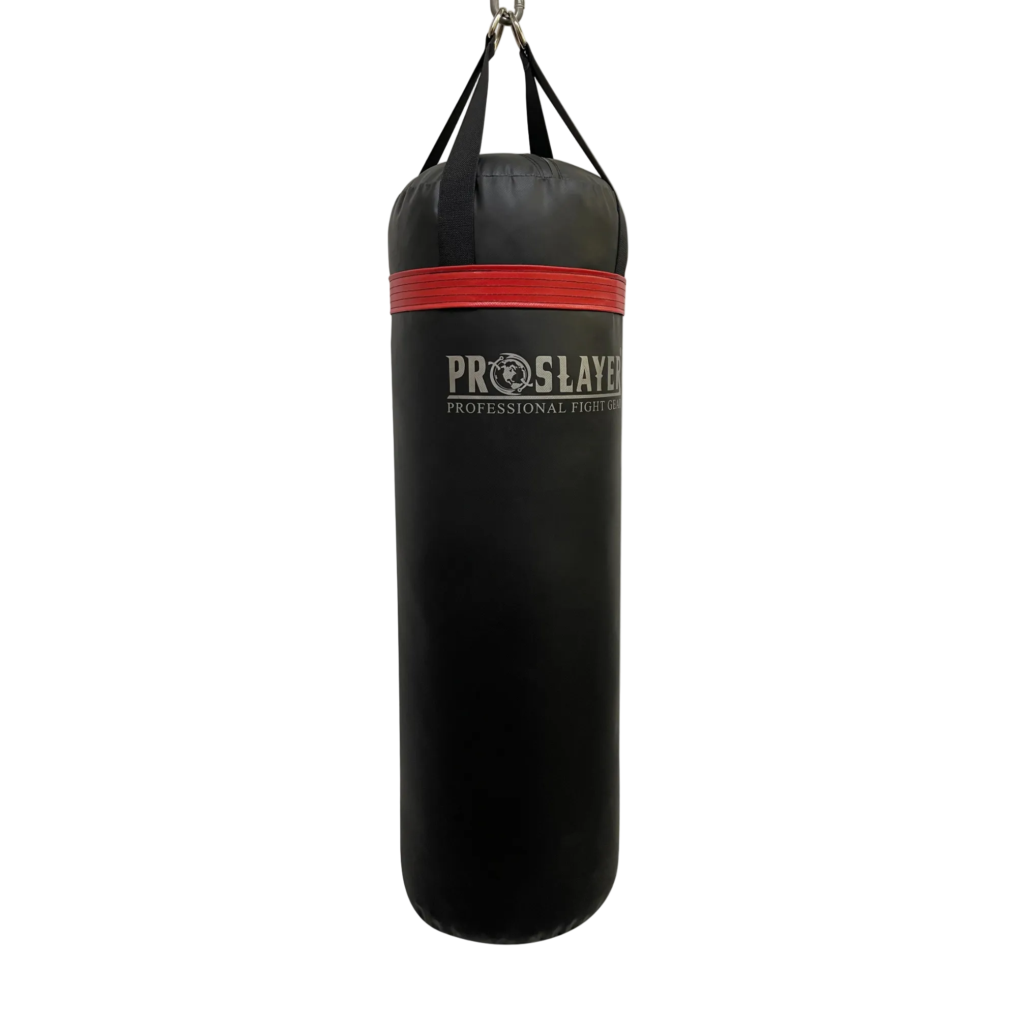 A black heavy punching bag with a red band and the 'PROSLAYER' logo printed on the front, suspended by black straps against a white background.