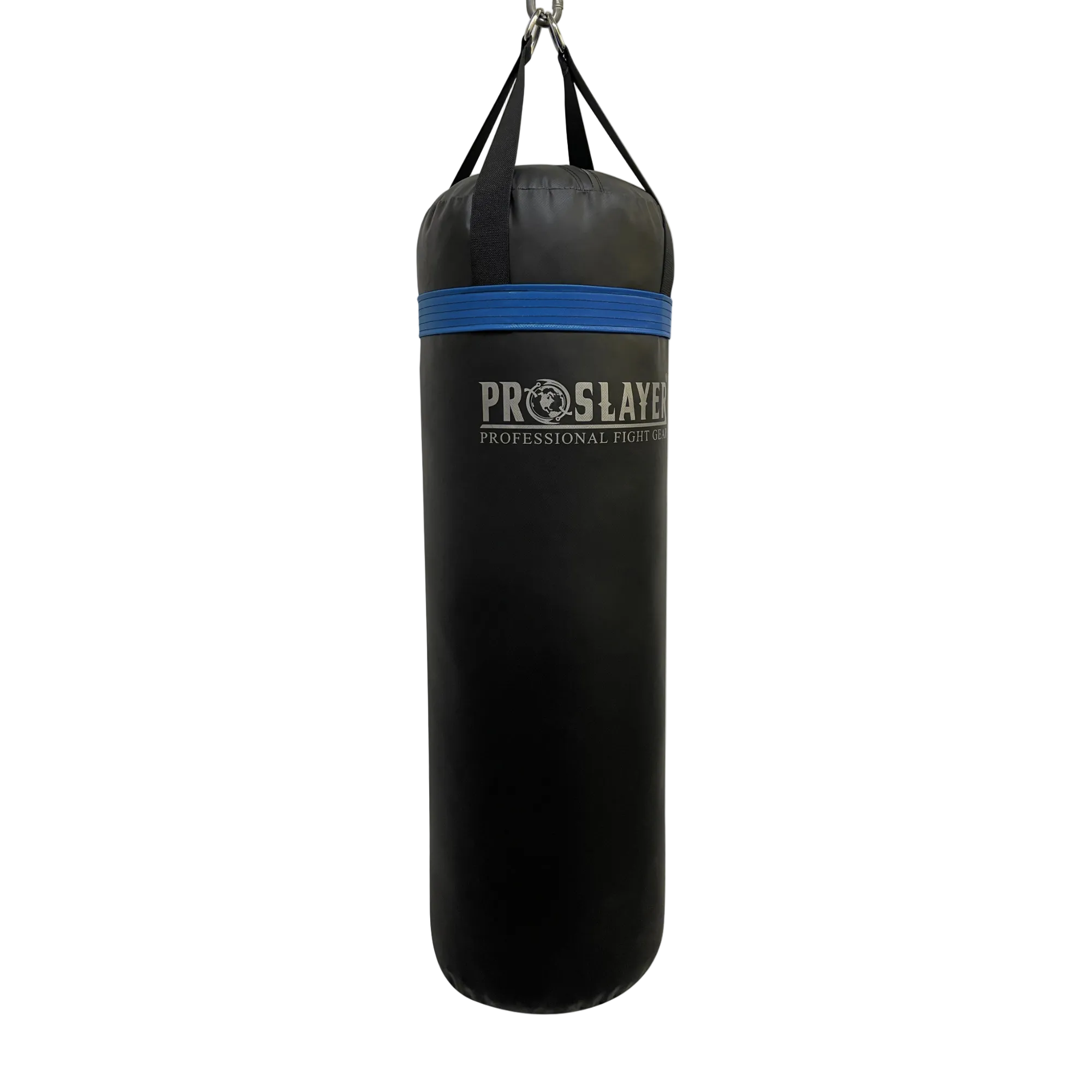 A black heavy punching bag with a blue band and the 'PROSLAYER' logo printed on the front, suspended by black straps against a white background.