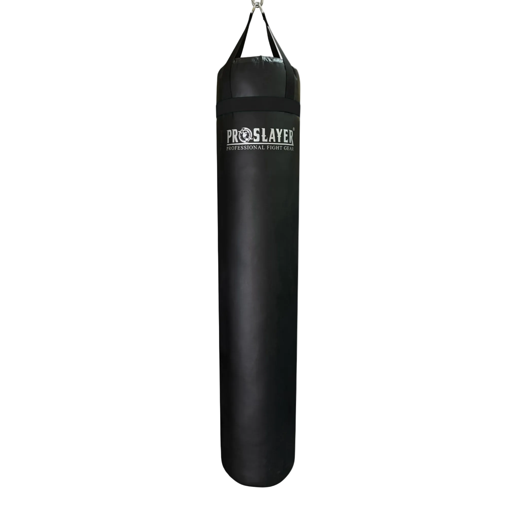 A black hanging heavy punching bag with a white 'PROSLAYER' logo printed on the front, suspended by a black strap against a plain white background.