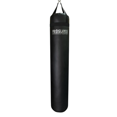 A black hanging heavy punching bag with a white 'PROSLAYER' logo printed on the front, suspended by a black strap against a plain white background.