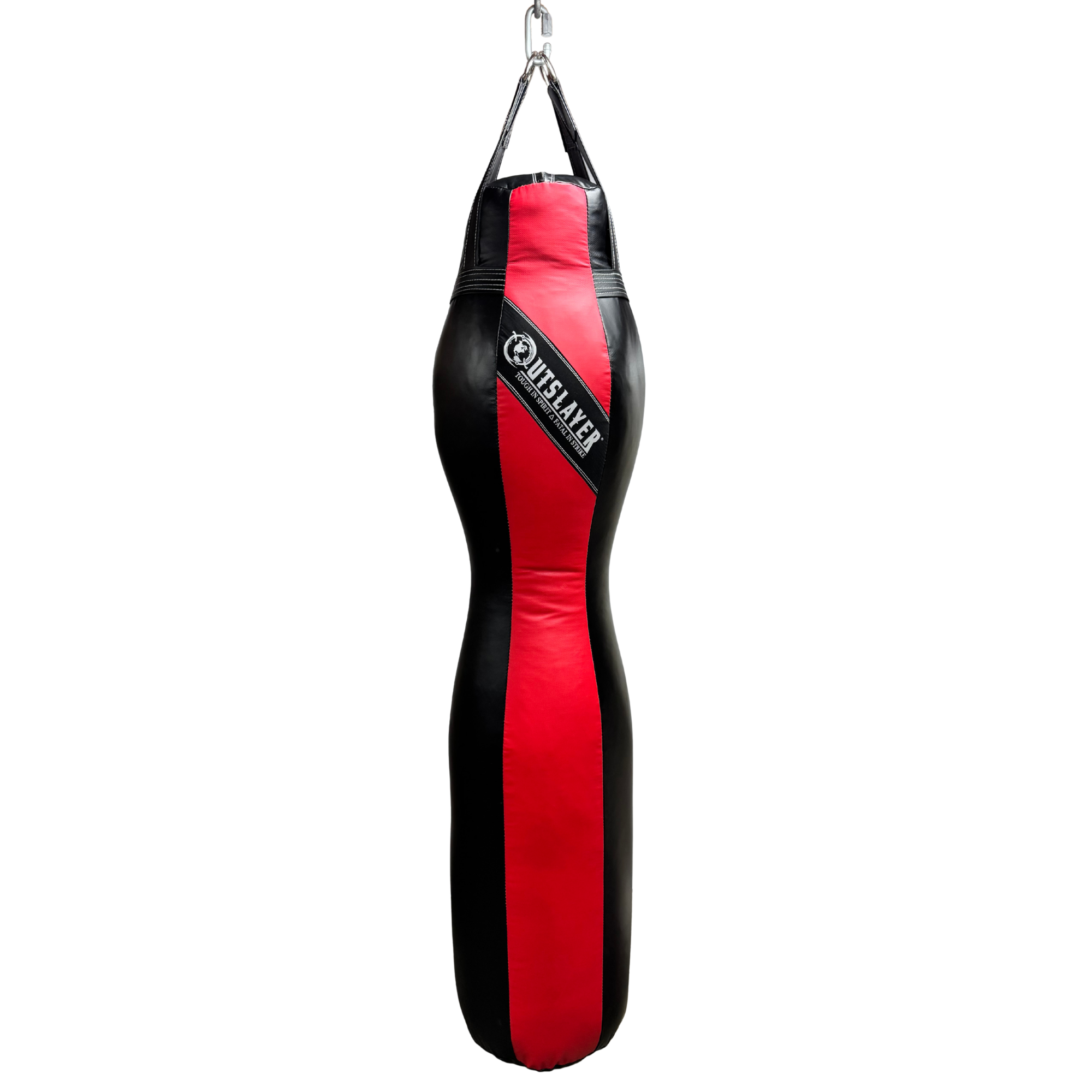 Black and red punching bag with a visible brand logo on a white background