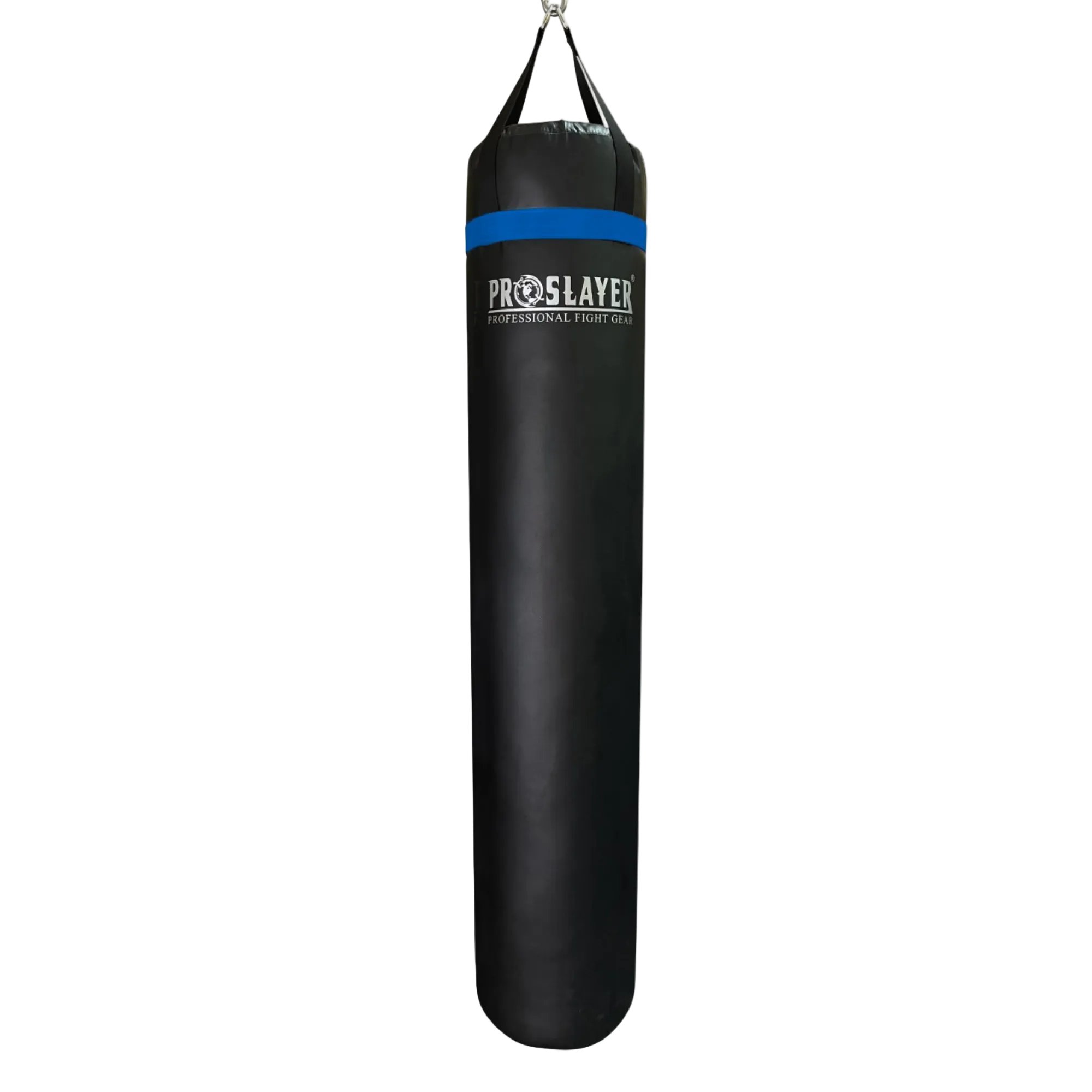 A black heavy punching bag with a blue stripe and white 'PROSLAYER' branding, suspended by a black hanging strap against a white background.