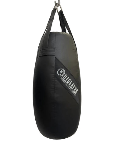 Black punching bag with 'Outslayer' logo on a white background