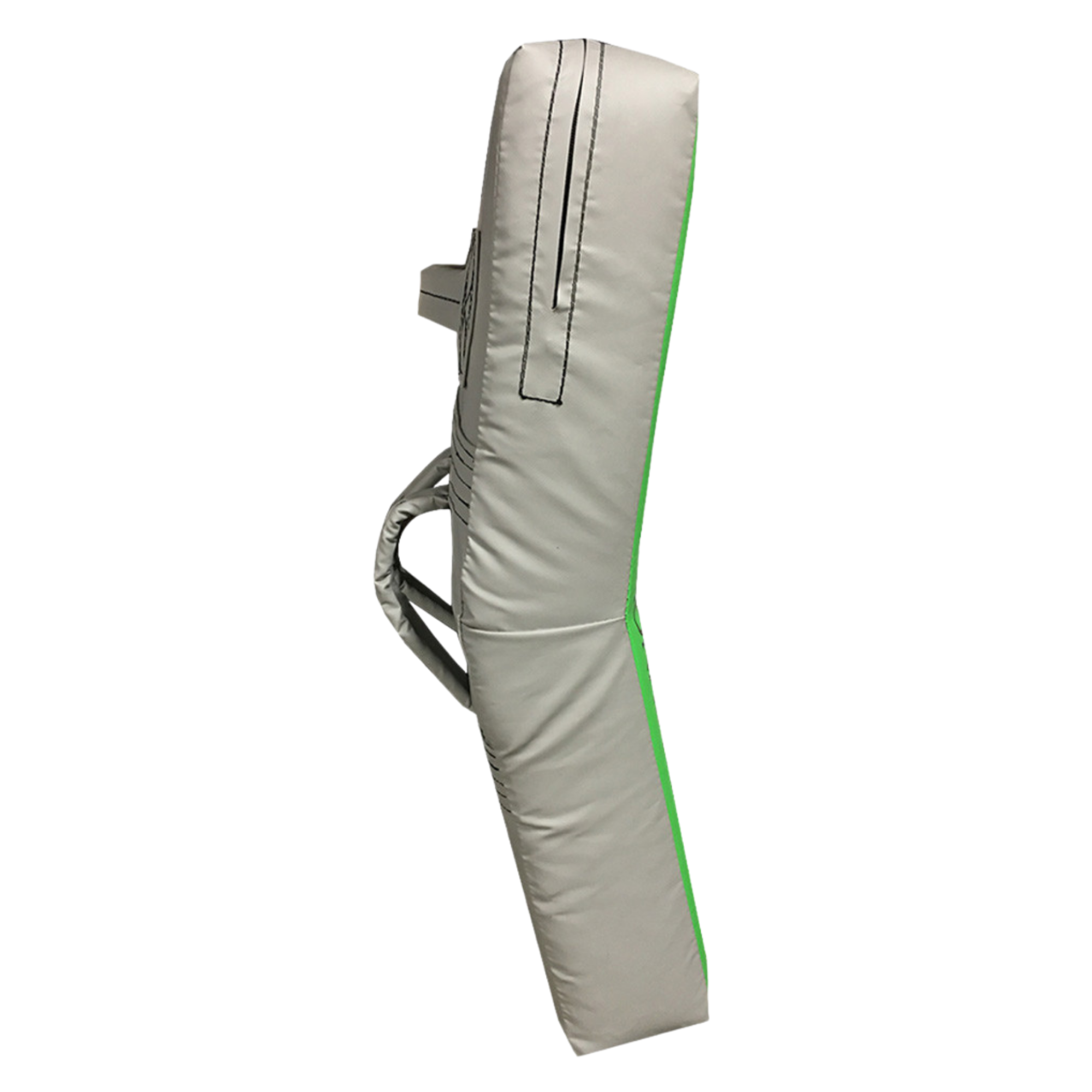 Gray bow case with green accent on a white background