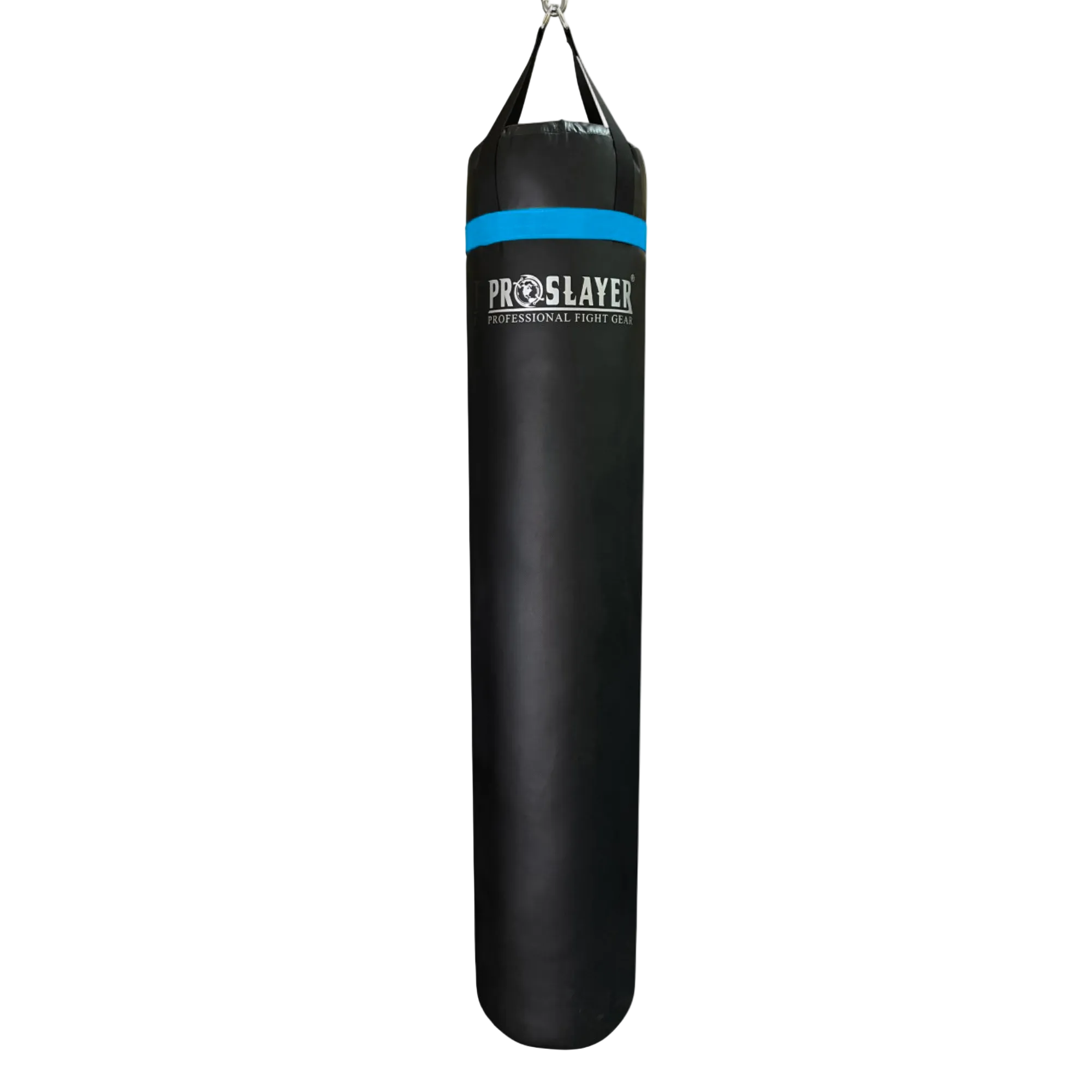 A black hanging heavy punching bag with a blue accent band and the Proslayer brand logo printed in white, shown against a plain white background.
