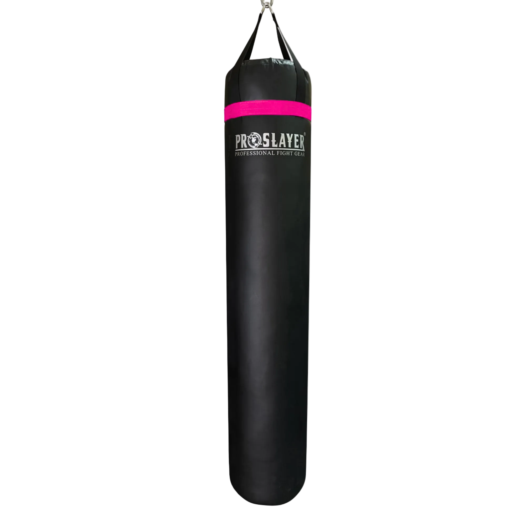 A black heavy punching bag with a bright pink band near the top and white 'PROSLAYER' branding, shown hanging against a plain white background.