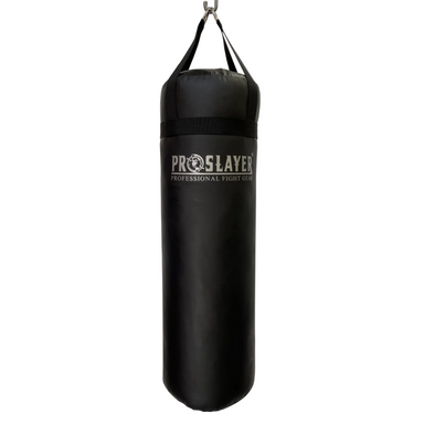 A black heavy punching bag with a silver metal hanging ring and straps, featuring the 'PROSLAYER' brand logo printed in white on the front, set against a plain white background.