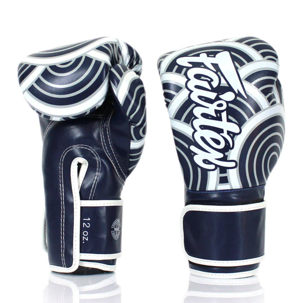 Pair of navy and white boxing gloves with 'Ringside' branding on a white background