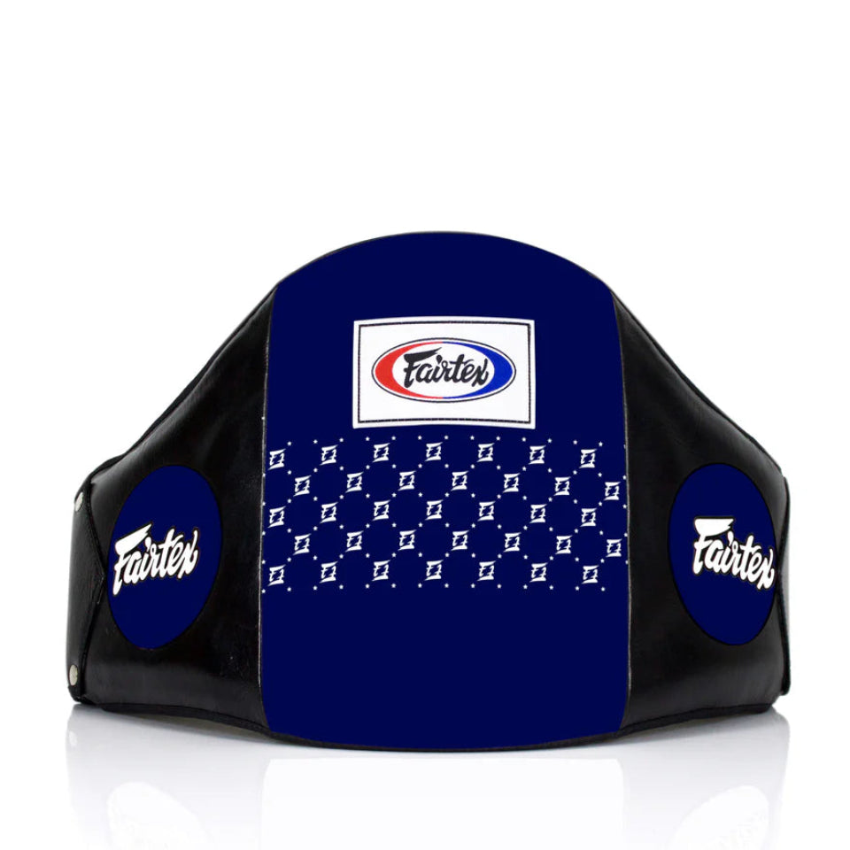 Black and blue boxing headgear with Fairtex logo on a white background