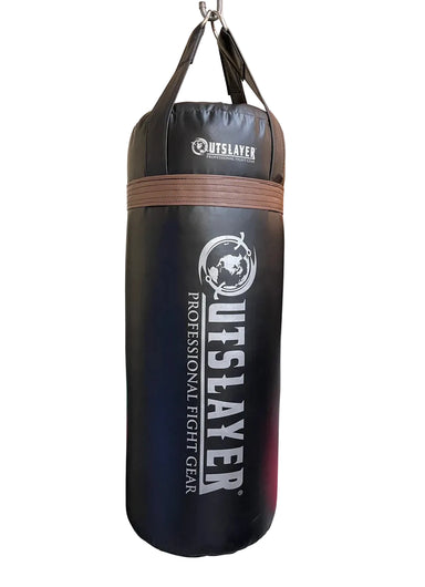 Black punching bag with brown accents and 'Outslayer' branding on a white background