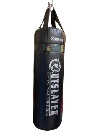 Black punching bag with camouflage pattern and 'Outslayer' branding on a white background
