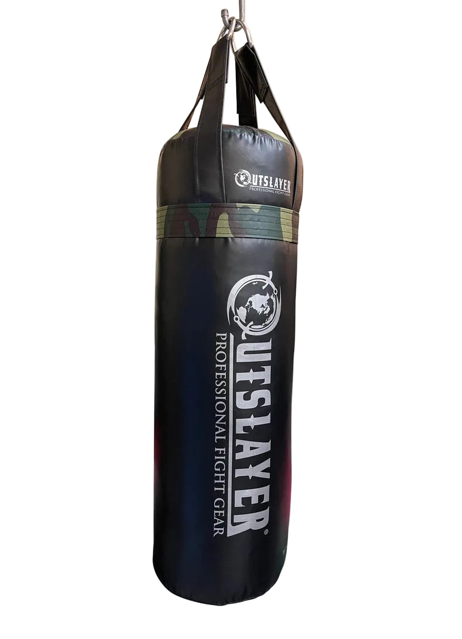Black punching bag with camouflage pattern and 'Outslayer' branding on a white background