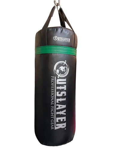 Black punching bag with green accent and Outslayer branding on a white background