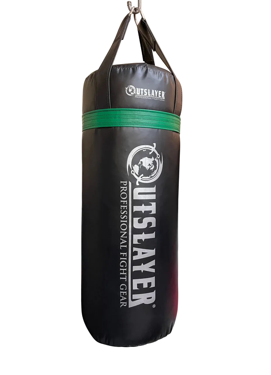 Black punching bag with green accent and Outslayer branding on a white background
