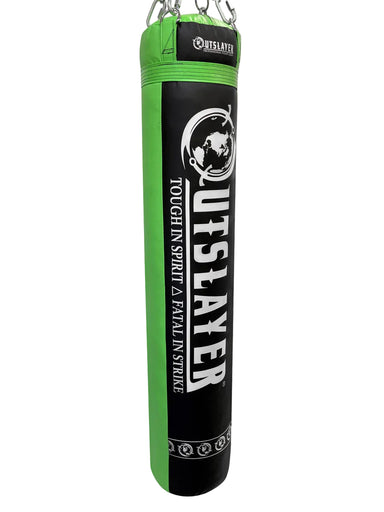 Outsayer punching bag with green top and black body on a white background