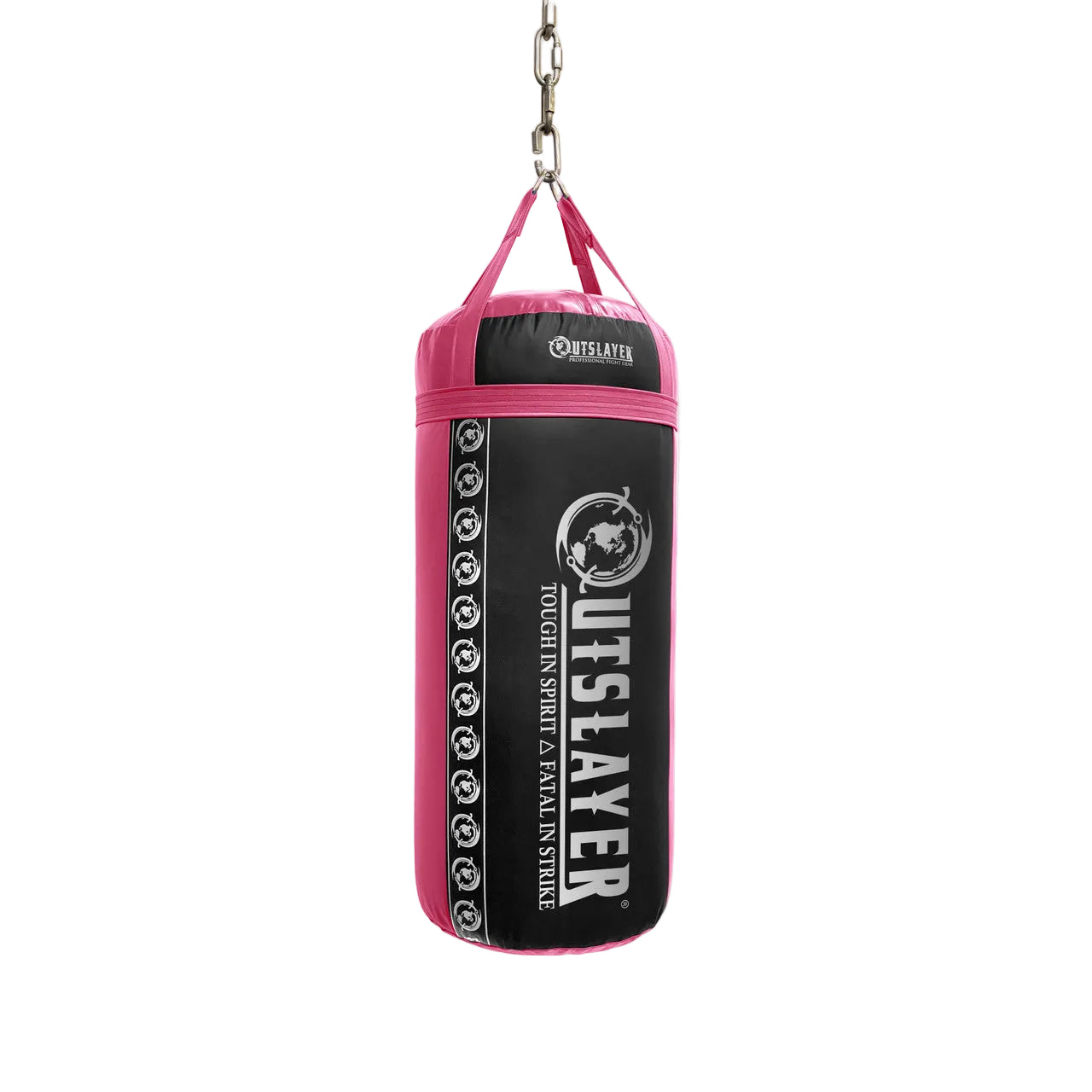 Pink and black punching bag with 'Outslayer' branding on a white background