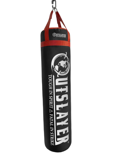 Black and red punching bag with 'Outslayer' branding on a white background
