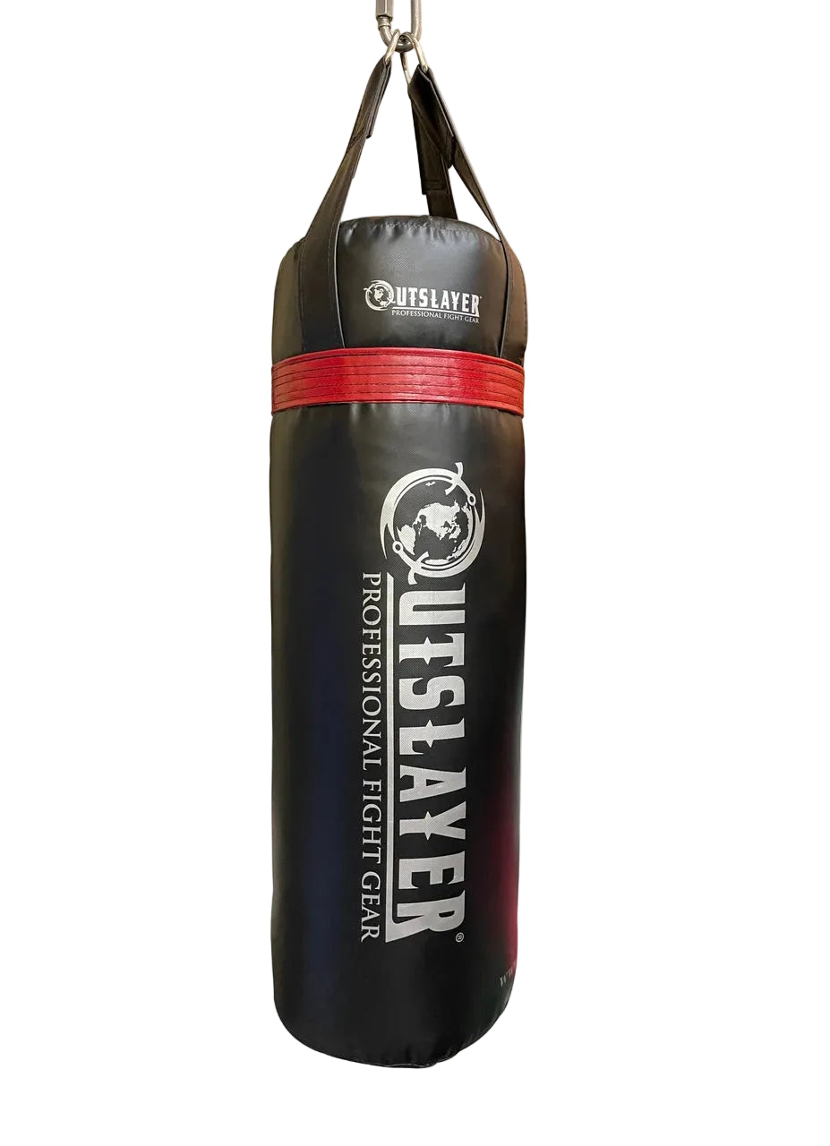 Black and red punching bag with 'Outslayer' branding on a white background