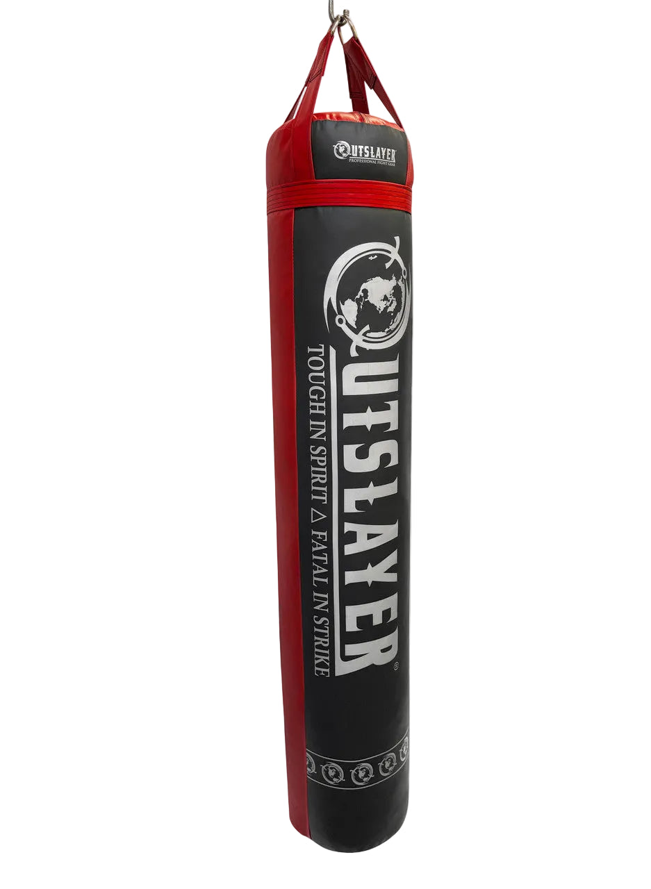 Black and red punching bag with 'Outslayer' branding on a white background