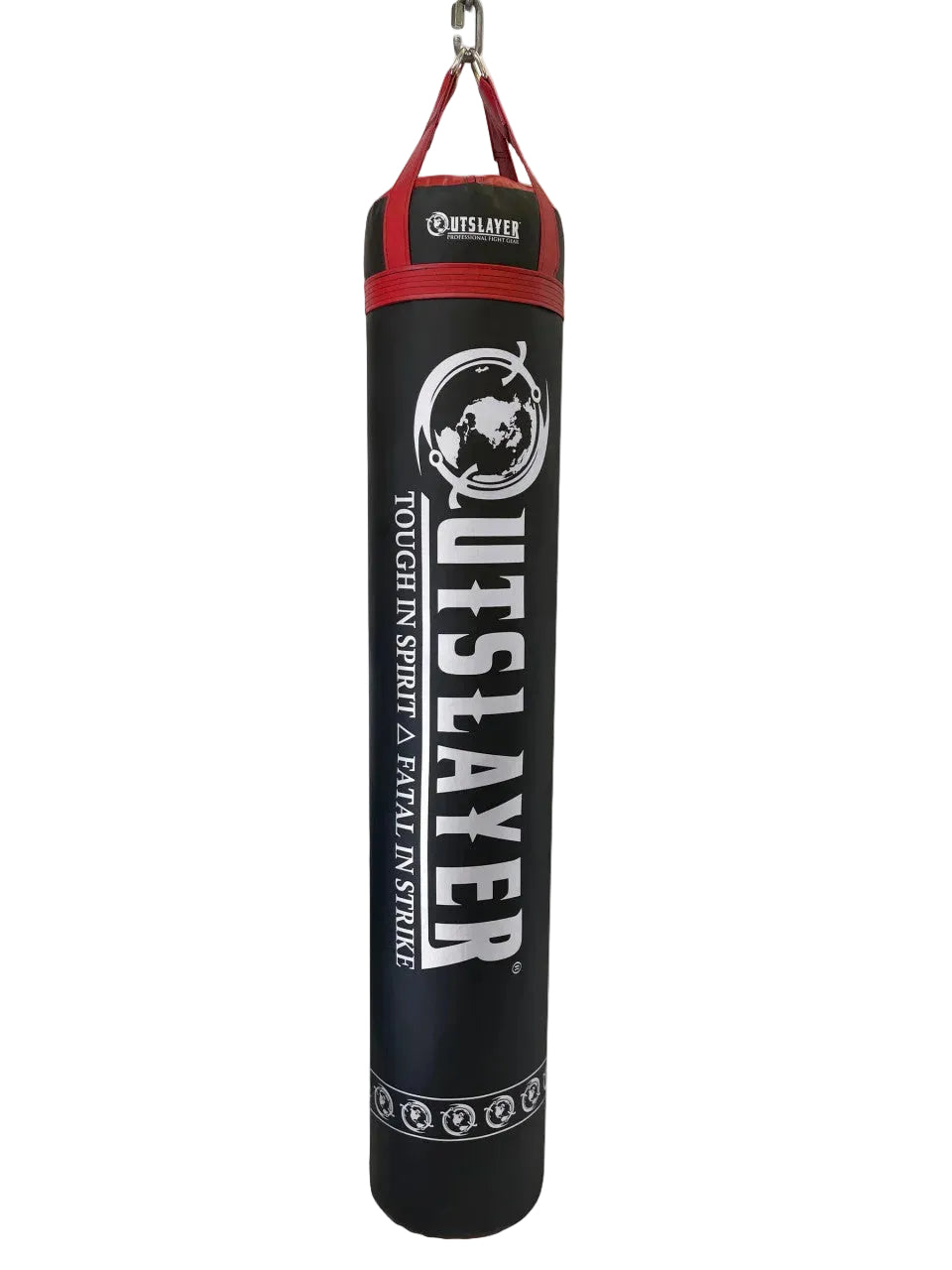 Black punching bag with red top and Outslayer branding on a white background