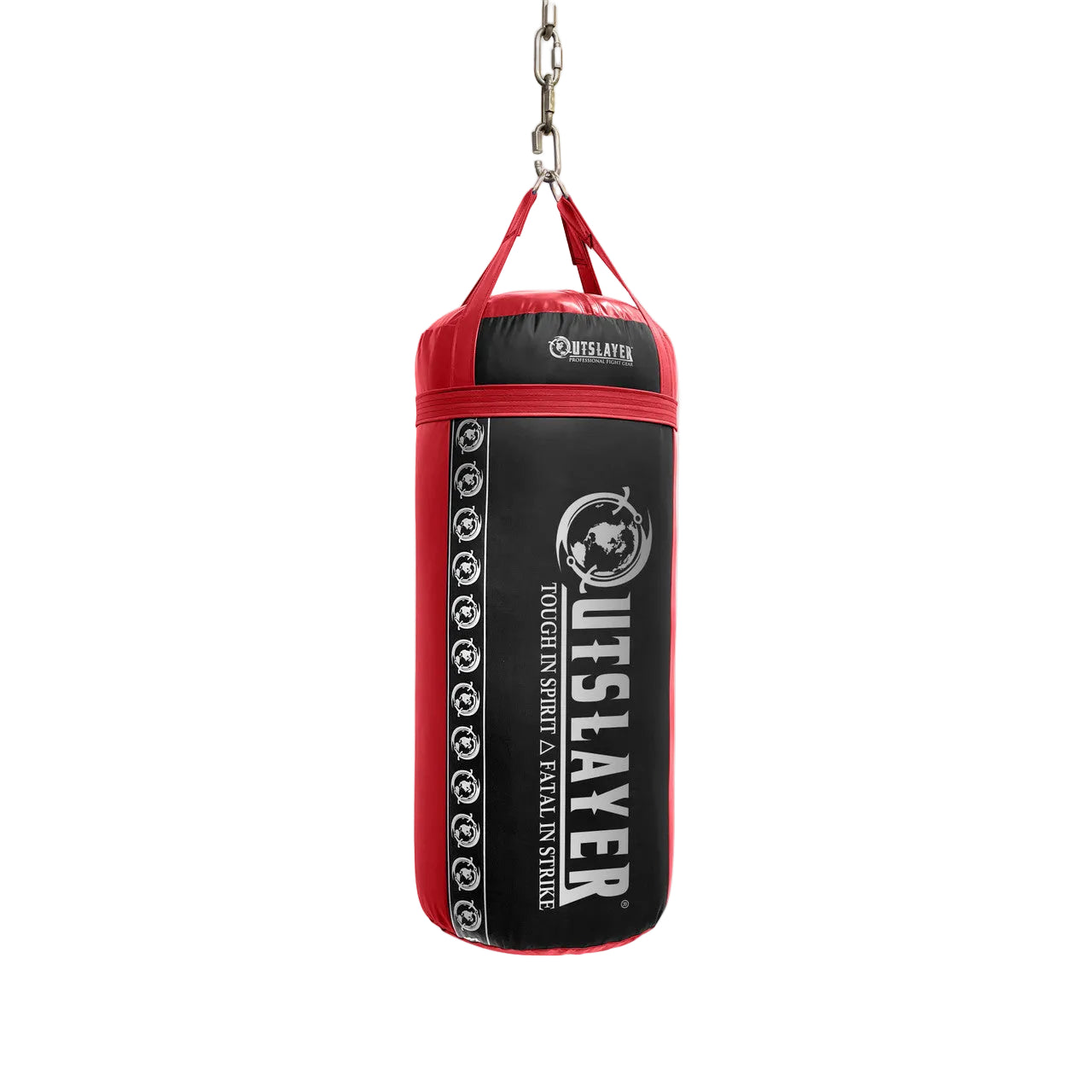 Red and black punching bag with 'Outslayer' branding on a white background