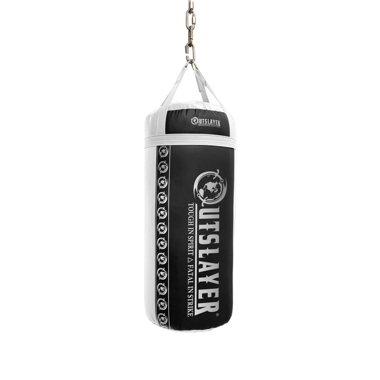 Black and white punching bag with 'Outslayer' branding on a white background