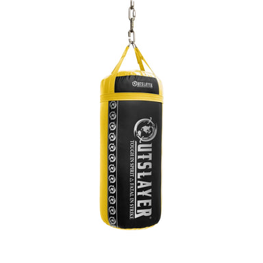 Black and yellow punching bag with 'Outslayer' branding on a white background