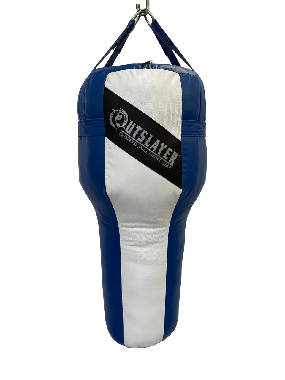 Blue and white punching bag with 'Outslayer' branding on a white background