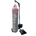 Punching bag stand with a gray and red punching bag on a white background