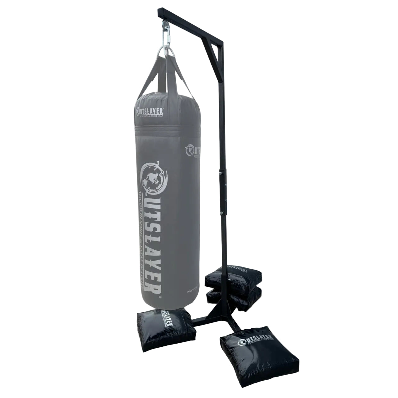 Gray punching bag with stand on a white background