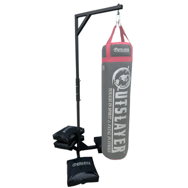 Punching bag stand with Outslayer branding on a white background