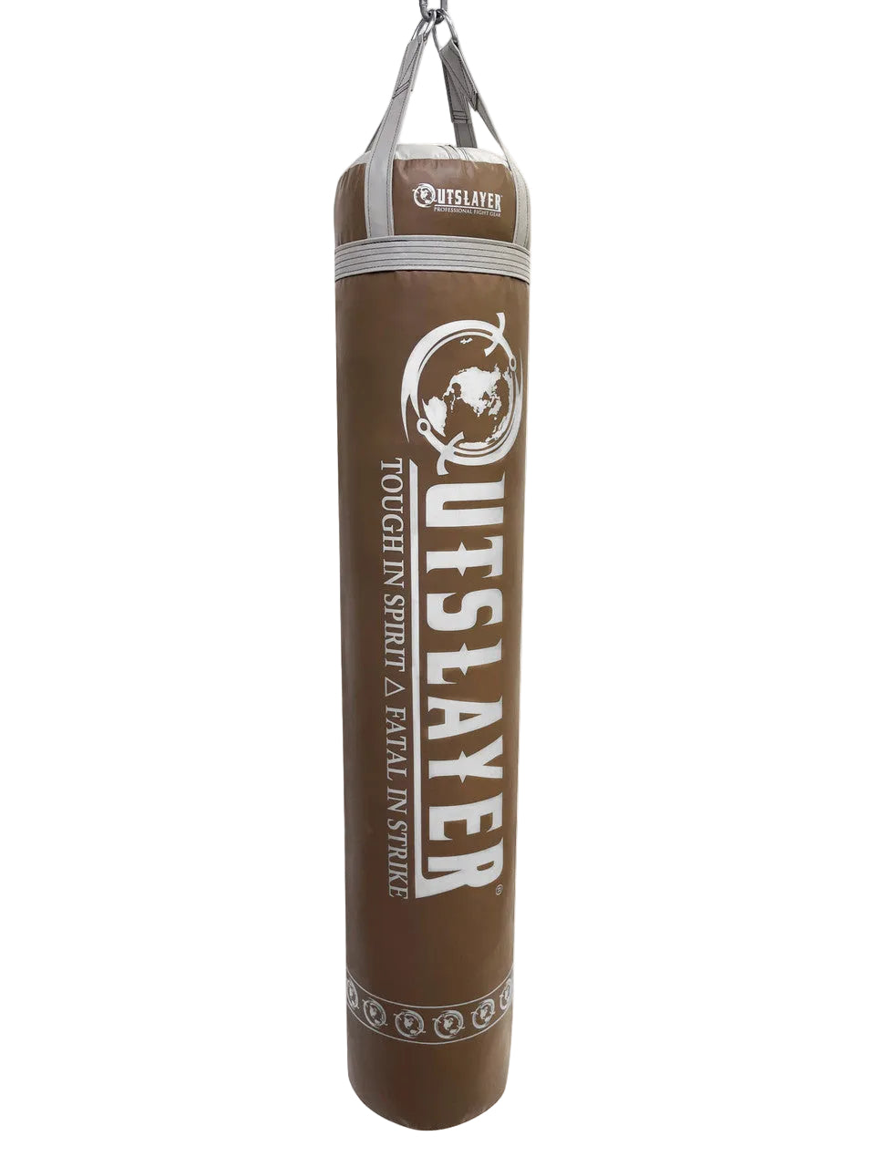 Brown punching bag with 'Outslayer' branding on a white background