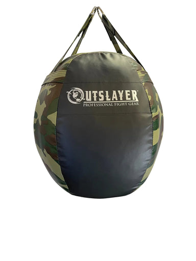 Camouflage punching bag with 'Outslayer' branding on a white background
