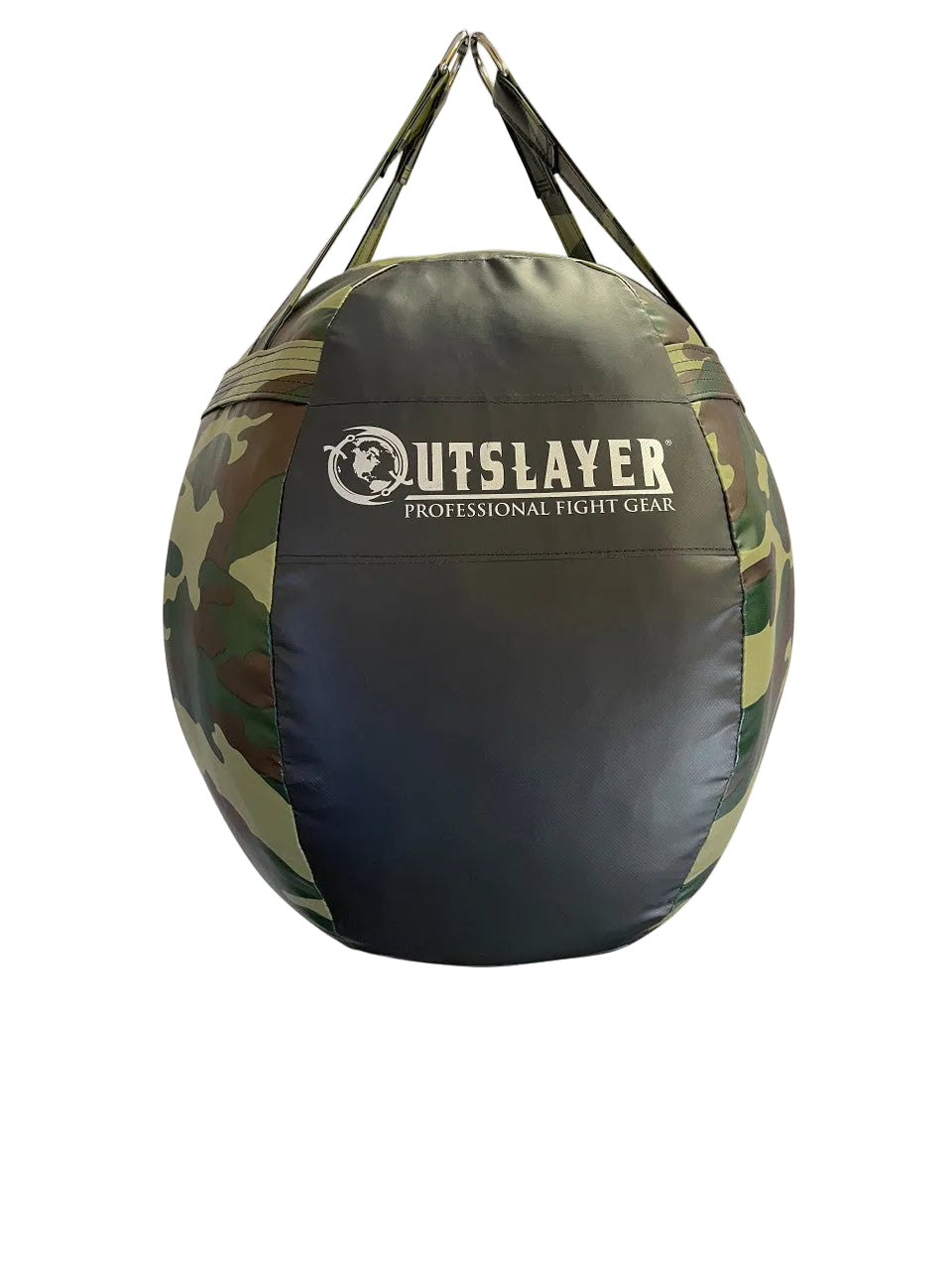 Camouflage punching bag with 'Outslayer' branding on a white background