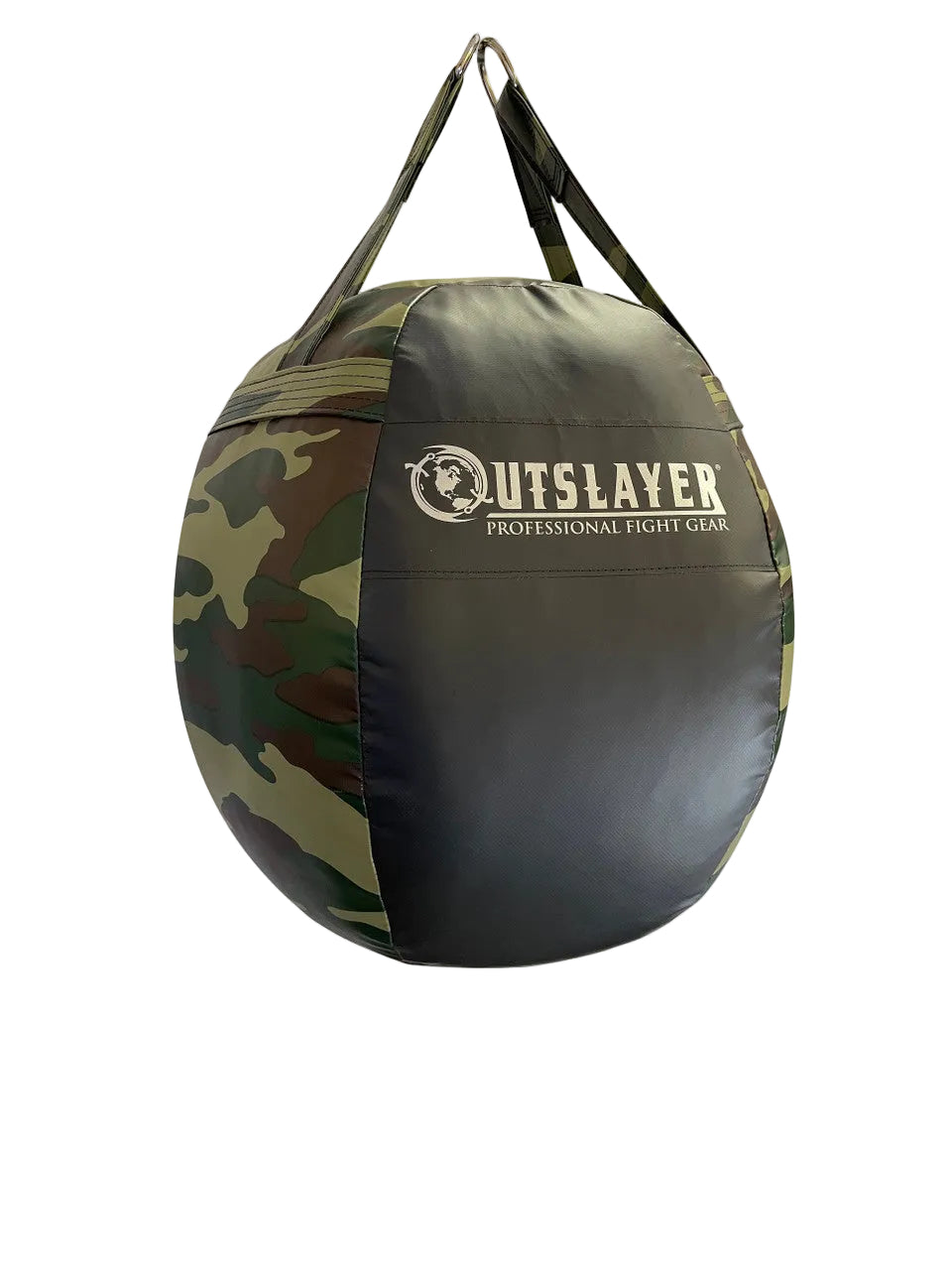Camouflage and black punching bag with 'Outslayer' branding on a white background