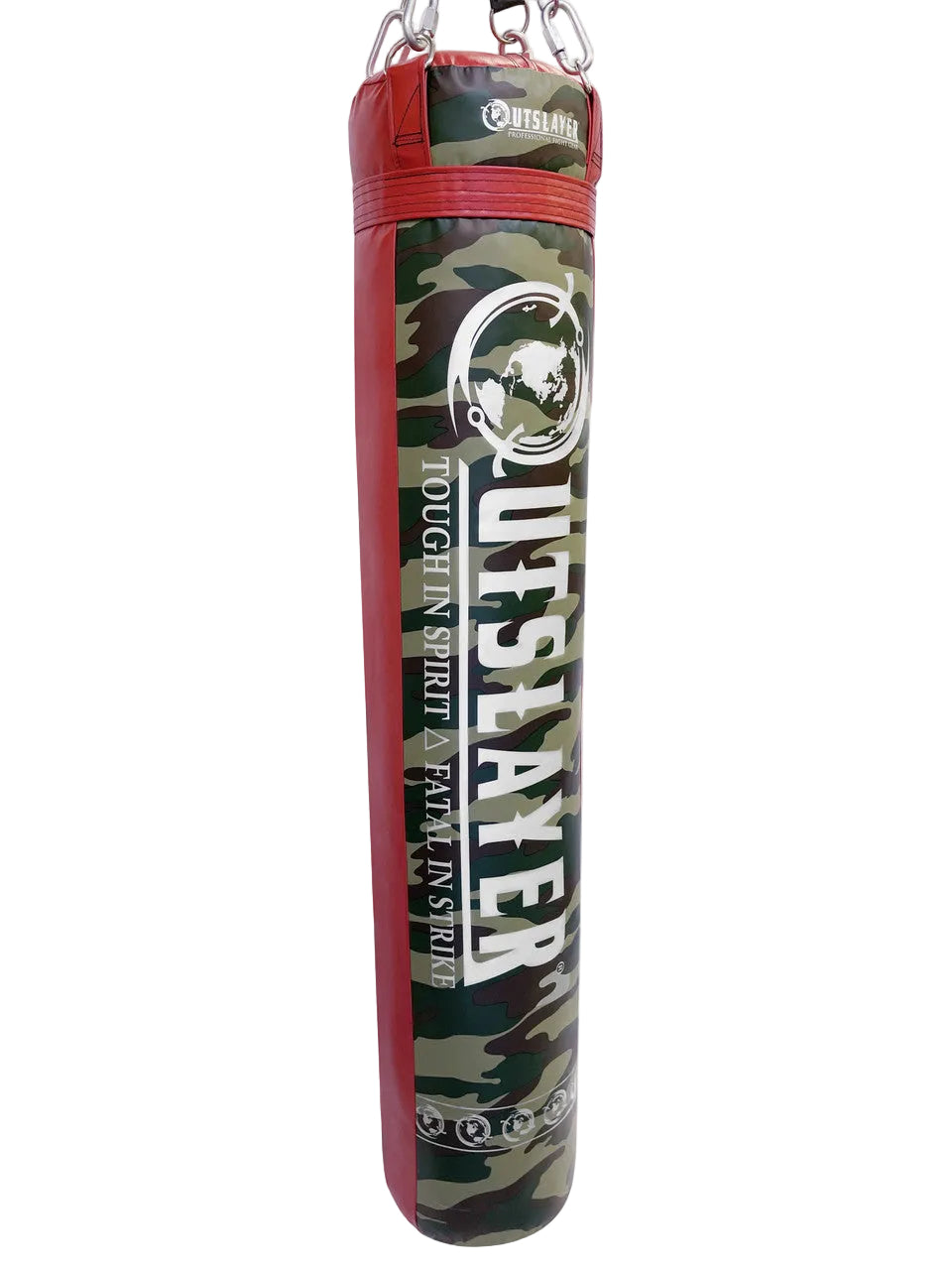 Camouflage-patterned punching bag with 'Outslayer' branding on a white background