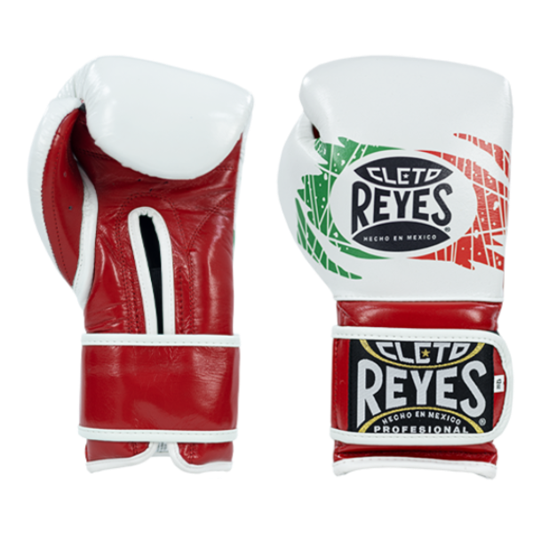 Red and white boxing gloves with Cleto Reyes logo on a white background