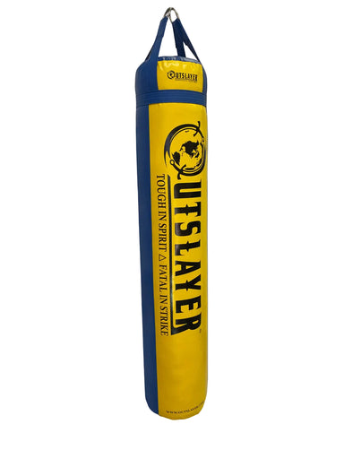 Yellow and blue punching bag with 'Outsayer' branding on a white background