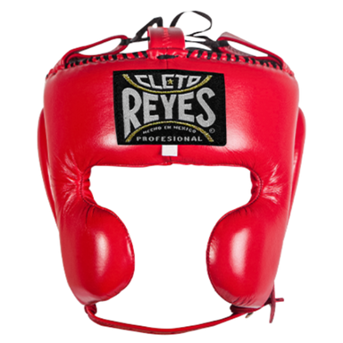 Red boxing headgear with Cleto Reyes logo on a white background