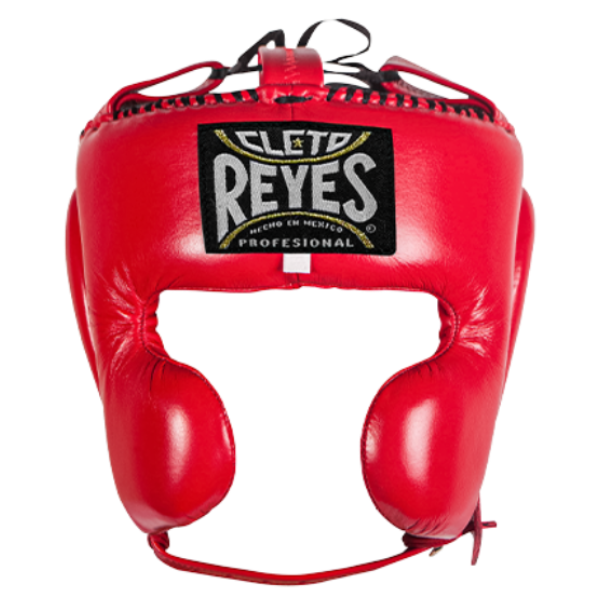 Red boxing headgear with Cleto Reyes logo on a white background