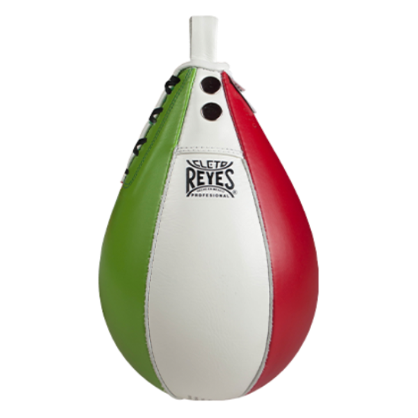 Speed bag with green, white, and red colors on a white background